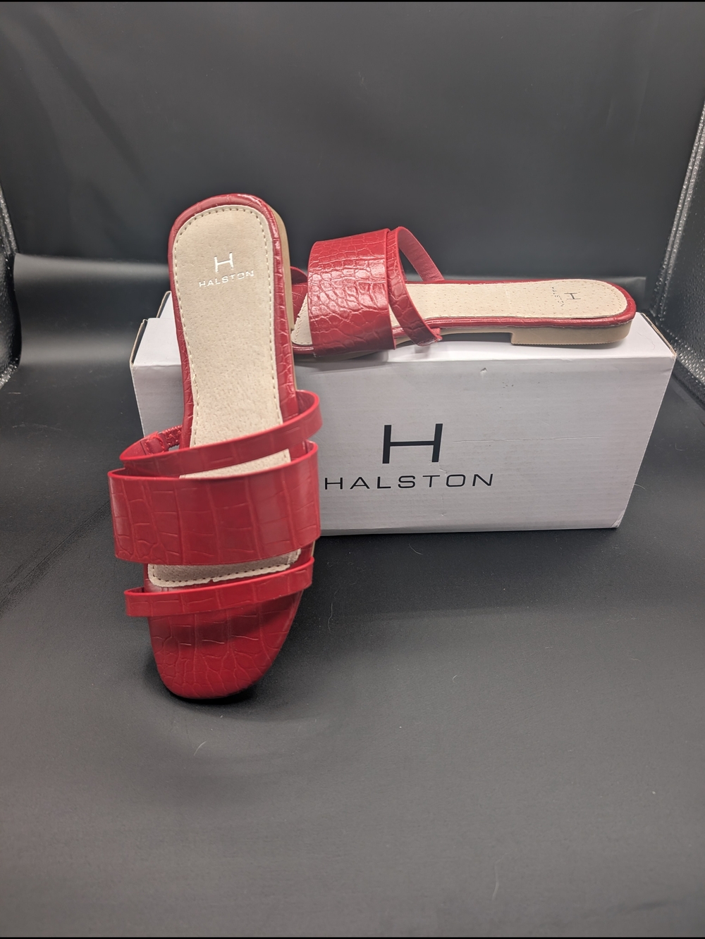 Halston Heritage Red Croc-Embossed Double Strap Slide Sandals